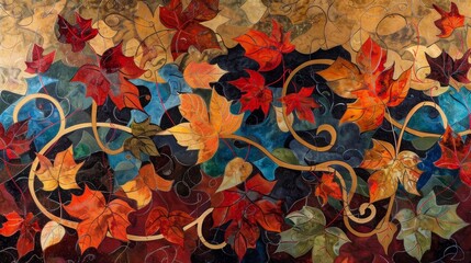 Wall Mural - Vibrant patterns of autumn leaves intertwine in rich colors background