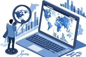Poster - Business professional analyzing data charts and graphs with a magnifying glass in an office, emphasizing digital research and market insights for corporate success, Generative AI