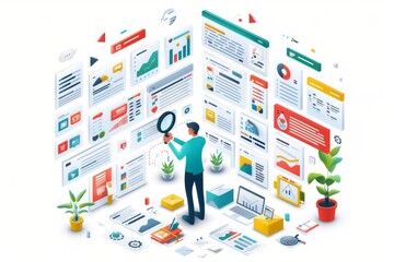 Leinwandbilder - Business professional analyzing data charts and graphs with a magnifying glass, highlighting digital research and market insights for corporate success, Generative AI