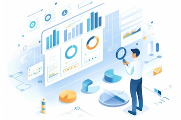 Poster - Business professional analyzing data charts and graphs with a magnifying glass, highlighting digital research and market insights for corporate success, Generative AI