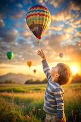 Wall Mural - cute boy playing with balloons in sunset