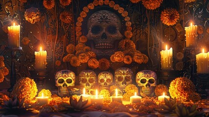 Wall Mural - Peaceful scene with candlelight and delicate Day of the Dead patterns background
