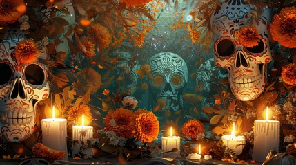 Wall Mural - Tranquil scene with candlelight sugar skulls and marigold flowers background