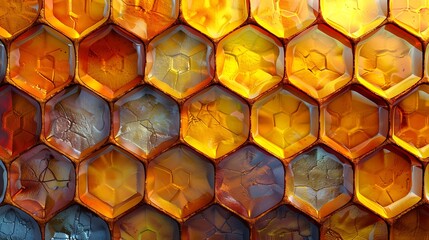 Wall Mural - Honeycomb pattern with shades of yellows and browns, bright and vibrant colors, hd quality, digital illustration, high contrast, geometric precision, modern design, artistic composition, dynamic.