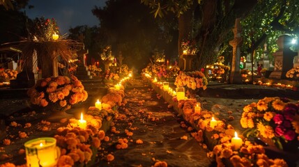 Wall Mural - Soft candlelight illuminates marigold-adorned cemetery for Day of the Dead background