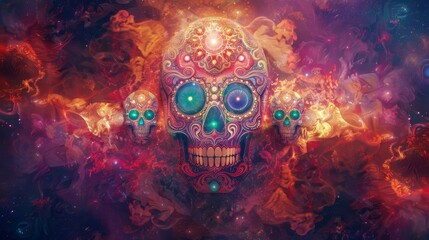 Wall Mural - Dynamic shapes and colors featuring sugar skull motifs on a celestial background background