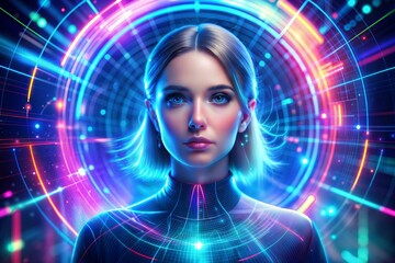 Wall Mural - futuristic woman with hologram of technology