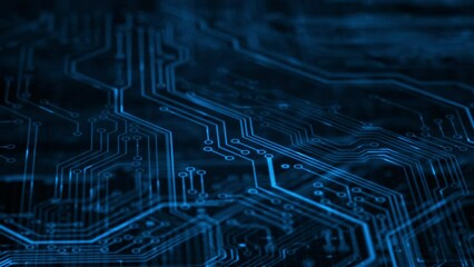 Blue futuristic printed circuit board. 3D render abstract network technology background. Digital server code processing or AI artificial intelligence deep machine learning concept