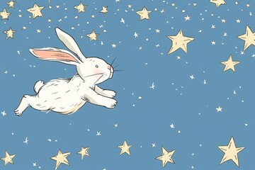 Cartoon cute doodles of a curious bunny hopping through an endless field of stars in a void, Generative AI