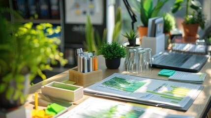 Wall Mural - Close-up of a sustainability consultant's desk with environmental reports and green technology samples, showcasing a job in sustainability consulting