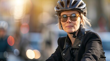 Wall Mural - A professional-looking woman in a cycling helmet enjoys her ride in the urban environment during the golden hour