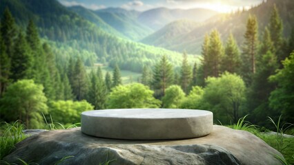 Wall Mural - stone round podium on a mountain meadow with green grass.3d render.