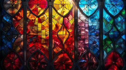 Wall Mural - Stained glass design with colorful pentagons, bright and vibrant colors, hd quality, digital illustration, geometric precision, high contrast, vintage style, artistic composition, dynamic and lively.