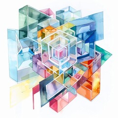 Wall Mural - Watercolor painting of a hypercube transcending its geometric constraints, morphing into abstract forms that defy, on isolated white background, Generative AI 