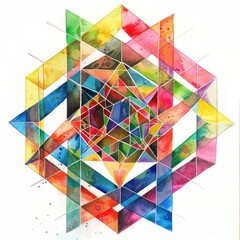 Wall Mural - Watercolor painting of a hypercube transcending its geometric constraints, morphing into abstract forms that defy, on isolated white background, Generative AI