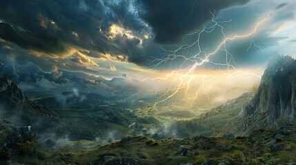 Poster - Thunderstorms and lightning streaking across the natural scenery. Thunderstorm flashes with lightning, hazardous weather