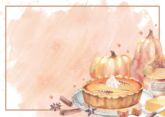 Thanksgiving day banner. Festive background with pumpkin pie, ingredients and whole pumpkins