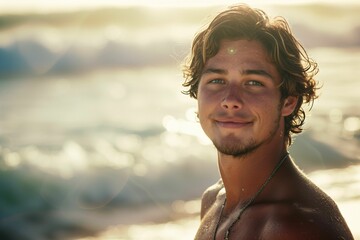 A young man enjoying a sunny day at the beach with a smile and ocean waves in the background.