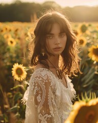 Poster - A young woman in a lace dress standing in a sunflower field during golden hour