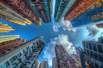 Looking up at the tall buildings in the city