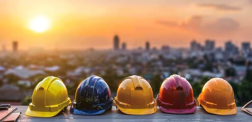 Several colorful safety helmets with a backdrop of beautiful city views and sunsets