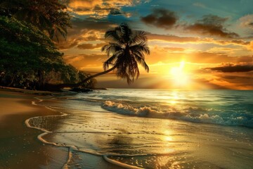 Wall Mural - Paradise Beach Sunset: Tropical Oasis with Bright Palm Trees and Ocean View