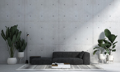Wall Mural - Modern loft design living room interior and concrete texture wall pattern background. 3d render