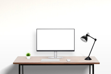 Poster - Office desk with computer display mockup featuring isolated screen for web page promotion