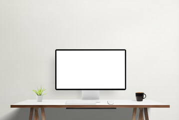 Poster - White screen on modern computer display on work desk. Mockup for agency web page or app presentation. Ideal for showcasing digital designs and professional portfolio
