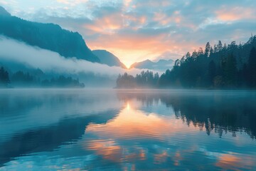 Poster - At sunrise, the lake reflects mountains and clouds