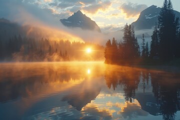 Poster - At sunrise, the lake reflects mountains and clouds