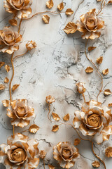 Wall Mural - Decorative wall design with golden roses and leaves on textured plaster background. Beautiful and elegant pattern with flowers