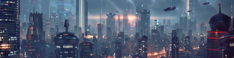 Wall Mural - Futuristic cityscape with sleek skyscrapers and flying cars