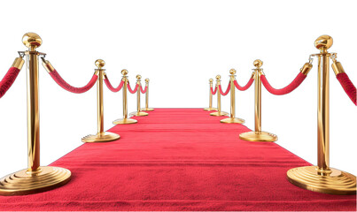 Luxurious red carpet leads to elegant gold stanchions with red ropes, symbolizing success and glamour at exclusive events. Perfect for hollywood and special occasions