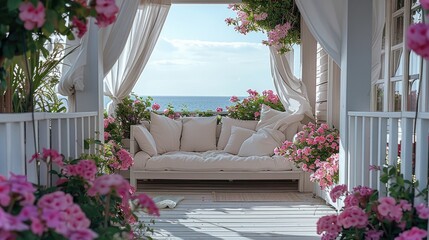 Wall Mural - terrace, white curtains, white railings, white sofa, pink flowers. generative ai.