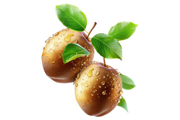 Poster - A beautiful closeup of ripe golden plums with dew drops, leaves isolated on a white transparent background