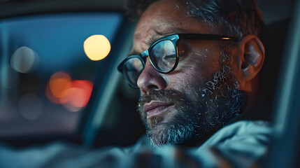 A man in a car with his head down and his eyes closed. He is wearing glasses and he is in a state of deep thought