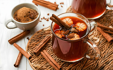 A hot mulled cider in a glass mug with cinnamon