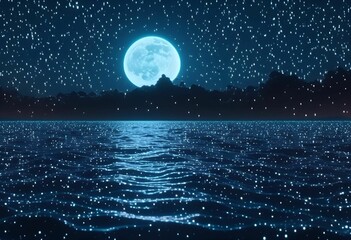 Wall Mural - AI generated illustration of a serene night scene of a full moon over a calm ocean