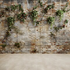 Poster - Old grunge brick wall and beige floor with greenery hanging from the top background for product presentation