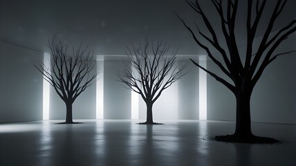 Three bare trees stand in a dark room, their silhouettes sharply defined against the bright light emanating from the windows behind them. The smooth floor reflects the light, creating a sense of depth