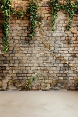 Sticker - Old grunge brick wall and beige floor with greenery hanging from the top background for product presentation