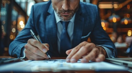 Fototapete - Investment banker (financial advisor) in a businesspeople working in a team wearing executive attire, holding whiteboard marker and office desk, managing investments. Generative AI.