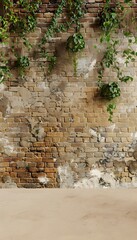 Poster - Old grunge brick wall and beige floor with greenery hanging from the top background for product presentation