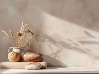 A minimalist composition featuring freshly baked bread on a wooden board beside a rustic vase with dried wheat stalks. The soft lighting and shadows create a serene, Nordic-inspired scene.