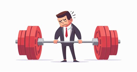 Businessman Lifting Heavy Barbell with Effort