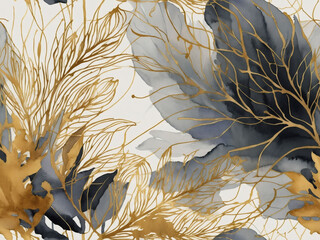 Wall Mural - Elegant abstract art with golden botanical line art and watercolor, luxury vector background