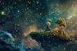© Sladjana - The Little Prince sitting on a floating island in space, with a small house and garden, looking content and peaceful