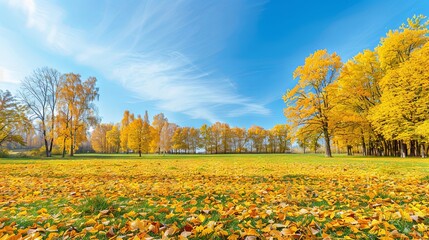 Wall Mural - A beautiful park with falling maple leaves