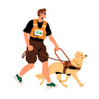 © Paper Trident - Blind runner led by his guide dog. Disabled athlete with impaired vision, sight jogging. Jogger with assistance or service pet does sport, running marathon. Flat isolated vector illustration